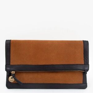 Clare V Foldover Clutch w/ Tabs in Cognac Perf Suede w/ Black Neptune Border